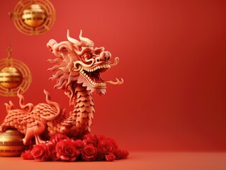 Fototapeta premium Happy Chinese New Year, the year of the Wood Dragon Chinese zodiac, wooden dragon statue, Lunar New Year mockup