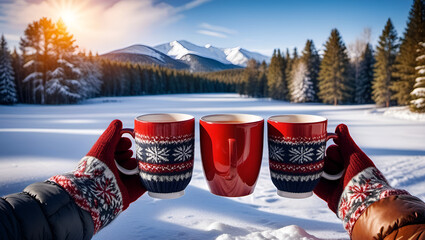 winter landscape with mountains and snow,
a snowfall in the forest winter hot drinks,
a hot coffee mug on white snow,
"Majestic Winter Peaks"
"Frozen Alpine Serenity"
"Snowy Mountain Majesty"
