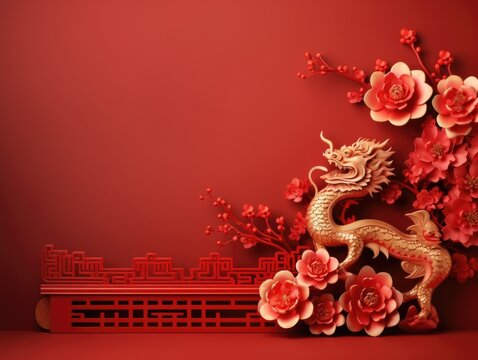 Happy Chinese New Year, the year of the Wood Dragon Chinese zodiac, wooden dragon statue, Lunar New Year mockup