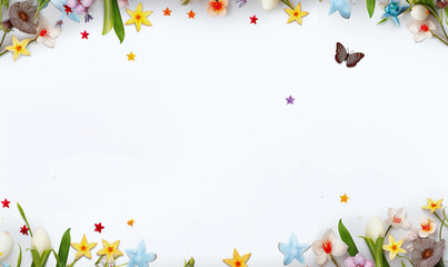 Spring border with sprigs of grass, tiny butterflies and flowers; negative white space for marketing or product display