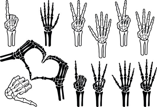 Skeleton hand gestures set. skeleton finger hand sign illustrations design , black hand-drawn bones signs Halloween vectors 