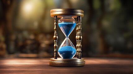 An antique hourglass with blue sand slowly falling., Photo Represents Time Is Running Out  - obrazy, fototapety, plakaty