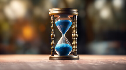 An antique hourglass with blue sand slowly falling., Photo Represents Time Is Running Out 