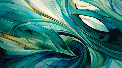 An abstract stained glass painting of blue and green waves