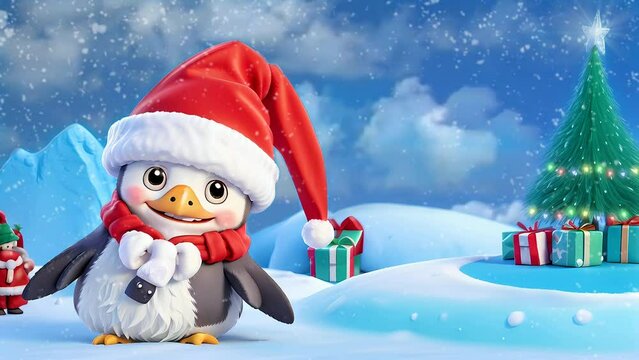 adorable penguin wear Christmas hat with snowy panorama, Seamless Animation Video Background in 4K Resolution	