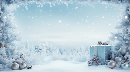 Fototapeta na wymiar Beautiful template background of winter with gift box and tree spruce