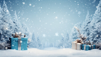 Beautiful template background of winter with gift box and tree spruce