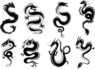 Vector Asian Dragon silhouettes, Ancient Chinese animals creatures. black vector illustration design on white background