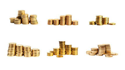 Collection of PNG. Stacks of shiny coins isolated on a transparent background.