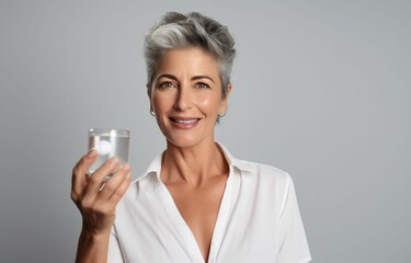 Vibrant Wellness: A Candid Capture of a Happy Middle-Aged 50s Woman, Radiating Joy as She Holds a Pill and Glass, Embracing a Healthy Lifestyle with a Glow of Vitality and Wellbeing 