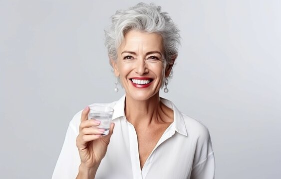 A Celebration of Wellness: A Vibrant Portrait Capturing the Joyful Essence of a Happy Middle-Aged Woman in Her 50s, Holding a Pill and a Glass, Embracing Health and Happiness in Every Moment