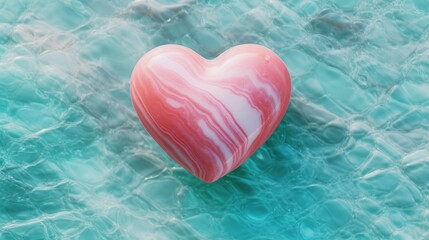 3D Pink heart shaped stone marble on blue turquoise sea texture background. Valentine's day-wedding. wallpaper graphics. template for artwork design. Copy space.