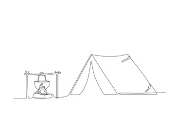 One line depicts a camping landscape in a campground. tents and places to cook when camping. Eco-friendly tourism. Continuous line drawing design vector illustration

