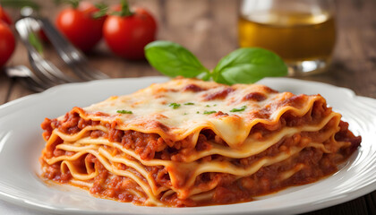Closeup of  italian lasagne on white plate