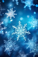 Fototapeta na wymiar Microscopic image of snowflakes, the snowflakes are shaped like little ice-wrapped gifts with bows and ribbon. Hues, pure snow whites and ice blues background