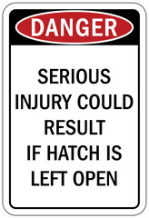Roof safety warning sign and labels serious injury could result if hatch is left open