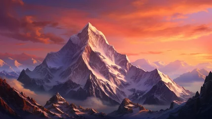 Fotobehang A panoramic view of a snow-capped mountain range bathed in alpenglow. © Imran_Art