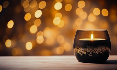 Beautiful gold candle with tiny bokeh lights in the background; holiday product display or room for text marketing asset - obrazy, fototapety, plakaty