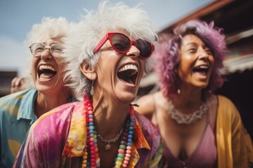 Obraz premium A Joyful Gathering of Women Sharing Laughter and Happiness. A colourful group of women in laughter.