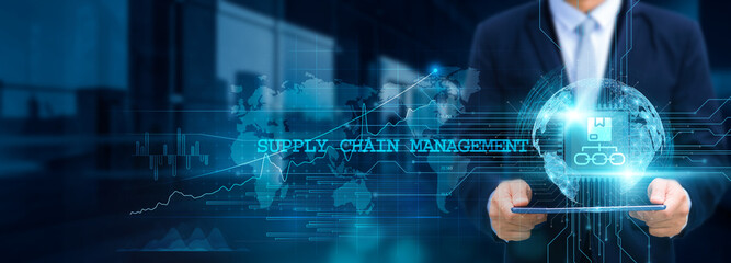 Fototapeta na wymiar Supply Chain Management, Businessman use tablet and collaborate with the structure of efficient supply chains on the network to work in futuristic logistics, commerce, and infrastructure development.