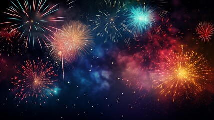 Abstract colored firework background with free space for text. Salute. New year. Holiday. Fire show. New Year celebration fireworks. colorful fireworks on the night sky background