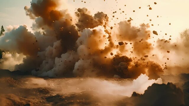 The ground erupts in a violent explosion, sending plumes of dirt and debris high into the air.
