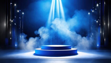 Fototapeta na wymiar A blue podium with smoke, illuminated by spotlights, creating a dramatic ambiance. An empty pedestal ready for an award ceremony or presentation.dh