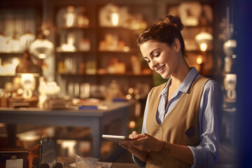 Portrait of happy smiling young woman wear an apron with using tablet computer in cafe