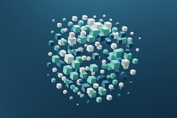 abstract background, geometric backdrop, 3d wallpaper creative design, cubes and spheres, technology, blue , white and light green