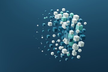 abstract background, geometric backdrop, 3d wallpaper creative design, cubes and spheres, technology, blue , white and light green