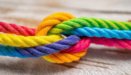 Colorful ropes connected together. Diverse strength and teamwork concept.