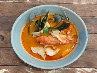 Seafood Tom Yum Noodles with Soft Boiled Egg