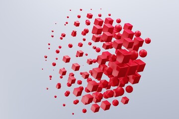 abstract background, geometric backdrop, 3d wallpaper creative design, cubes and spheres, technology, red and white color