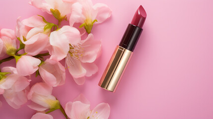 Obraz na płótnie Canvas lipstick and flowers on pink background, AI Generative.
