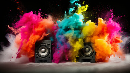 Dynamic Audio Explosion, Abstract Color Powder Cloud from Powerful Speakers