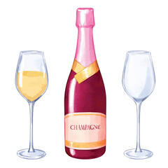 Watercolor champagne bottle and glasses filled with drinks vector elements for Holiday and anniversary celebration designs