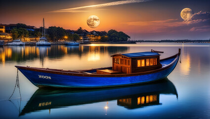 sunset on the river,
Fishing boat floats serenely on the water's,
A sailboat is on the water with a full moon in the background,
Serene Sunset Over the River"
"Tranquil River at Dusk"
"Golden Hour by 