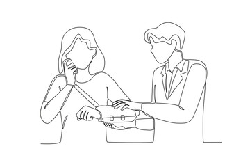Single continuous line drawing of A doctor is putting a cast on a patient_s broken arm. Medical health care service workers concept one line draw design vector graphic illustration
