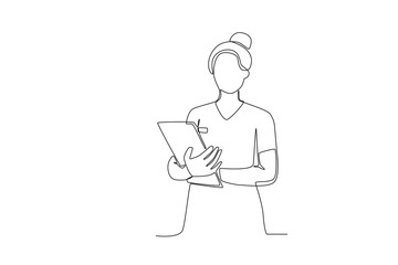 Single continuous line drawing of A female nurse is checking patient data. Medical health care service workers concept one line draw design vector graphic illustration
