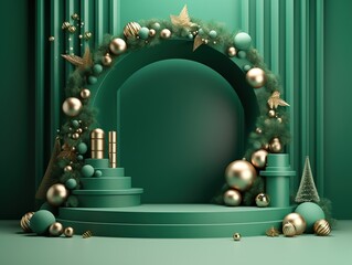 empty green elegant podium with minimal christmas decoration