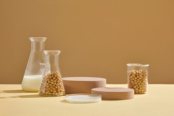Erlenmeyer flasks, petri dish and a beaker containing soybeans and milk arranged with brown...