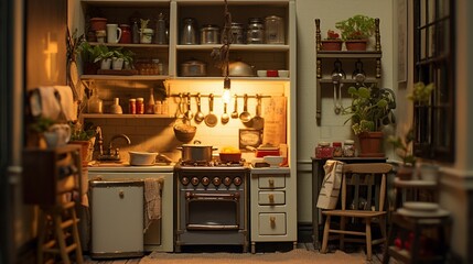 A miniature kitchen with detailed appliances, including a tiny stove, sink, and even a little fridge.
