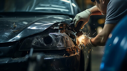 Close-Up Auto Body Repair Fixing a Car Damaged in an Accident, Ultra-HD, Super-Resolution