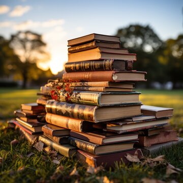 Pile of books looking for literature in the background of a city park, the concept of relaxing, studying, reading, school, education, increasing knowledge, etc. Ai generative image