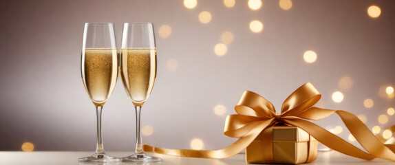 two champagne glasses in on table with bokeh light background