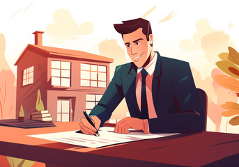 A business man signs purchase contract for home.