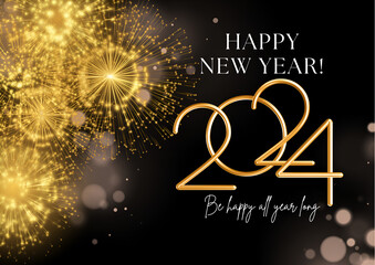 Fototapeta na wymiar Black Gold Glitter Happy New Year 2024 Card