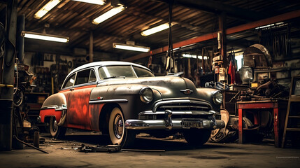 Vintage Garage Vibes: Modern Cars in Auto Repair Shop, Ultra HD, Super Resolution
