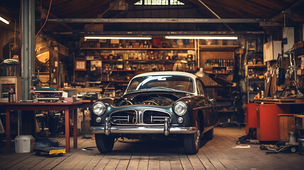 Vintage Garage Vibes: Modern Cars in Auto Repair Shop, Ultra HD, Super Resolution - obrazy, fototapety, plakaty