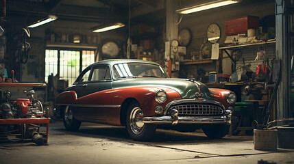 Vintage Garage Vibes: Modern Cars in Auto Repair Shop, Ultra HD, Super Resolution